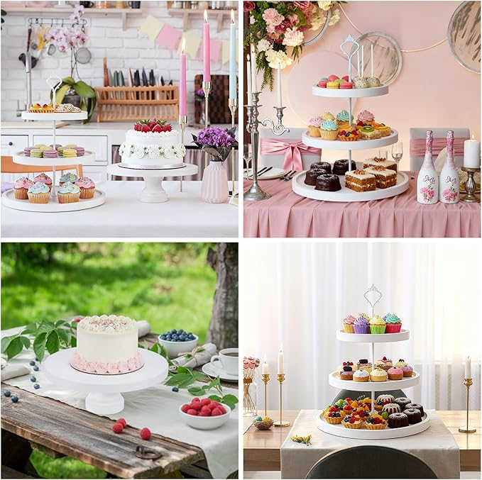 7 Pcs Wood Dessert Table Display Set Wooden 3 Tie Cupcake Stands Rustic Round Cake Stand Wood Dessert Serving Trays for Christmas Party Baby Shower Wedding Birthday(White)