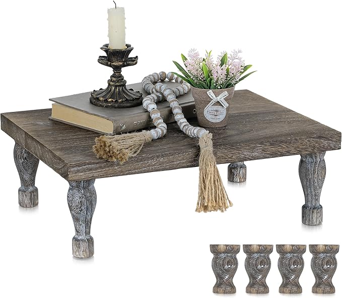 Hanobe Wooden Riser Decorative Tray: Farmhouse Wood Pedestal Display Stand Rustic Brown Tray Riser Centerpiece for Coffee Bar Kitchen Dining Room Home Table Decor, Short & Tall Footed