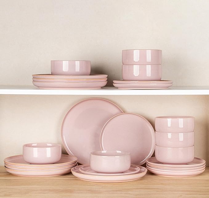TheTerra Ceramic Dinnerware Sets for 4, 12 Pieces Handmade Reactive Glaze Plates and Bowls Set, Scratch Resistant Dish Set, Oven & Microwave & Dishwasher Safe, Sakura Pink