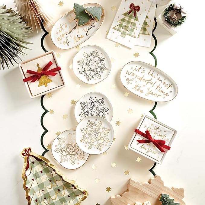 Santa Barbara Design Studio 4-Piece Christmas Appetizer Plate Set White Ceramic Small Plates, 6" Diameter, Gold Foil Snowflake