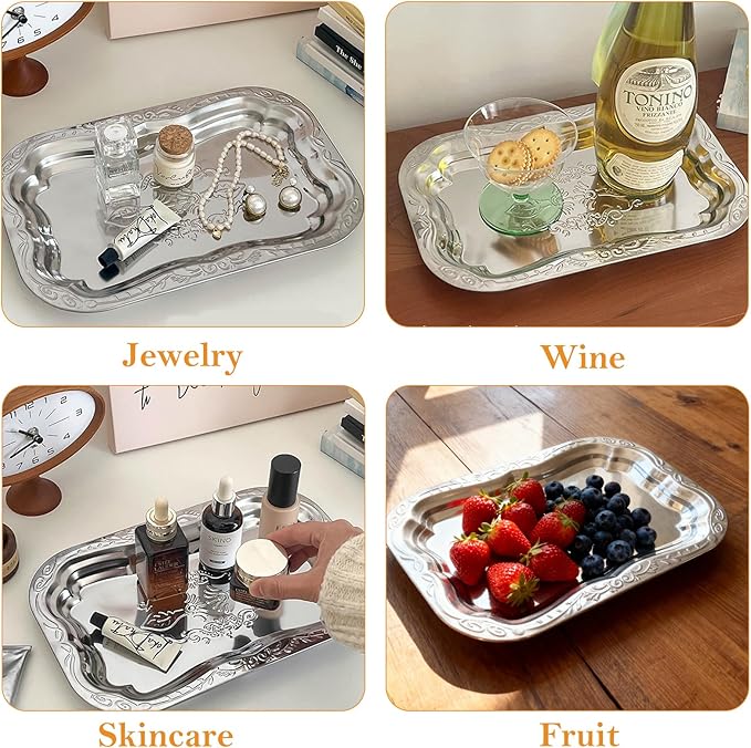 Stainless Steel Mirror Tray - Silver Engraved Decorative Serving Tray with Floral Pattern, Ideal for Party Desserts, Snacks, Drinks, and Holiday Table Display