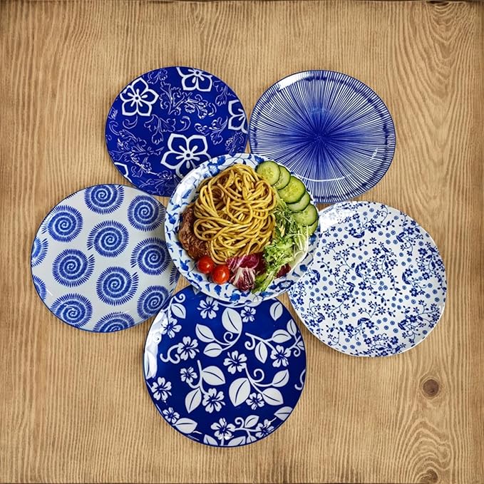 8 Inch Ceramic Dessert Salad Appetizer Pasta Steak Pancake Fruit Dinner Plates Set of 6, Premium Gift for House Warming, Birthday, Microwave/oven/Dishwasher Safe, Vintage Blue, Japanese Style