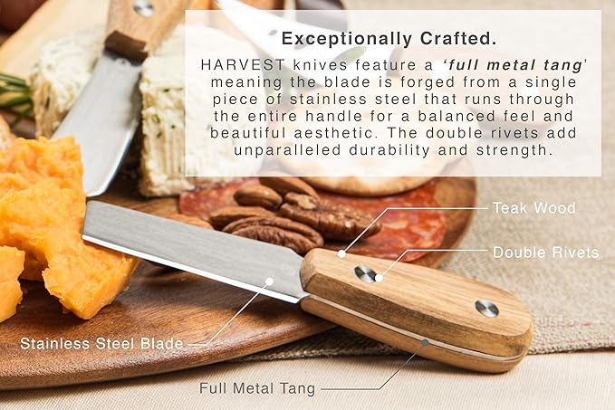 Harvest 6-Piece Cheese Knife Set (Gift-Ready) - Premium Stainless Steel Cheese Knives with Rivets, Full Tang Blades and Teak Wood Handle Charcuterie Board Accessories w/ 15 Festive Recipes