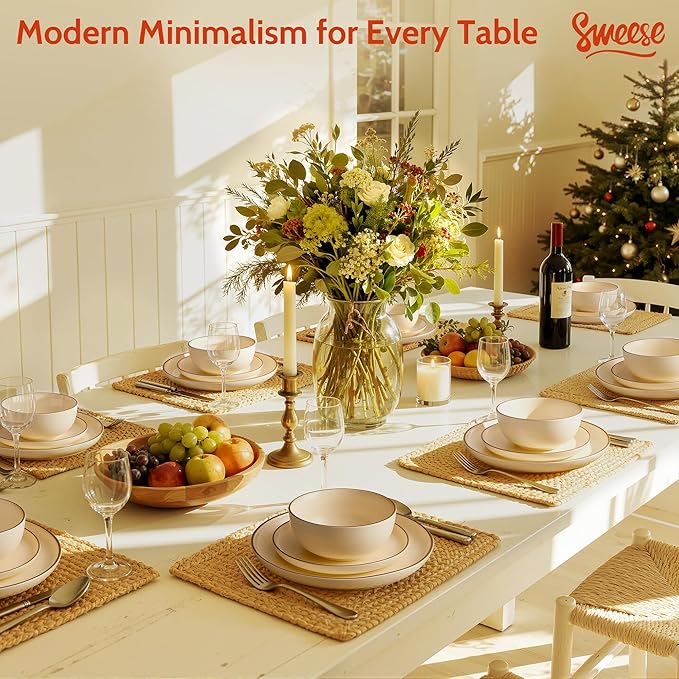 Sweese Dinnerware Sets Service for 6, 18 pcs Matte Glaze Plates and Bowls Sets, Handmade Porcelain Dish Set, Highly Chip and Crack Resistant Modern Dinner Set, Beige