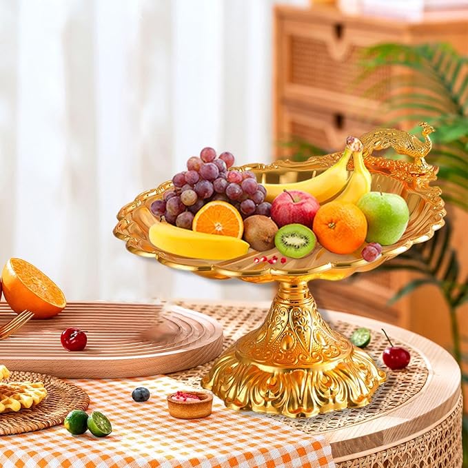 Fruit Plate Vegetable Holder with Base Decor Container Stand for Kitchen Counter Home Bread Snacks Serving Tray- Gold