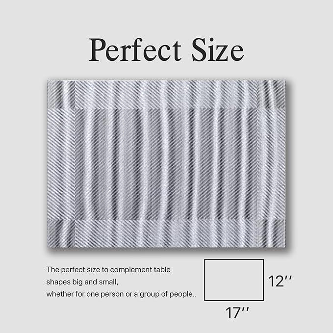 Placemats Set of 12 - Easy Clean Woven Vinyl Placemats for Dining Table, Indoor/Outdoor Place Mats, Washable PVC Table Mats (Silver Cube)