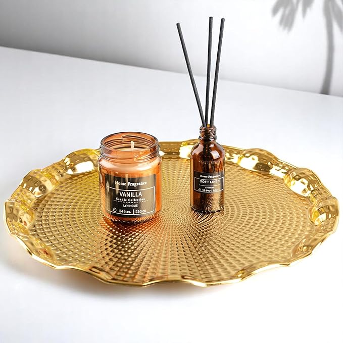 Alisveristime Round Metal Serving Tray for 6 – Ottoman Motif, (13.8" Diameter, 17.5 oz) (Gold)