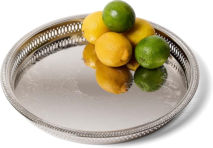 Elegance Round Metal Serving/Bar Tray,12.75 Inch Nickel Plated with Decorative Embossing Serves Champagne,Whiskey and Drinks – Silver Tone Drink,Perfume,Ottoman Tray for Home Bar,8924N