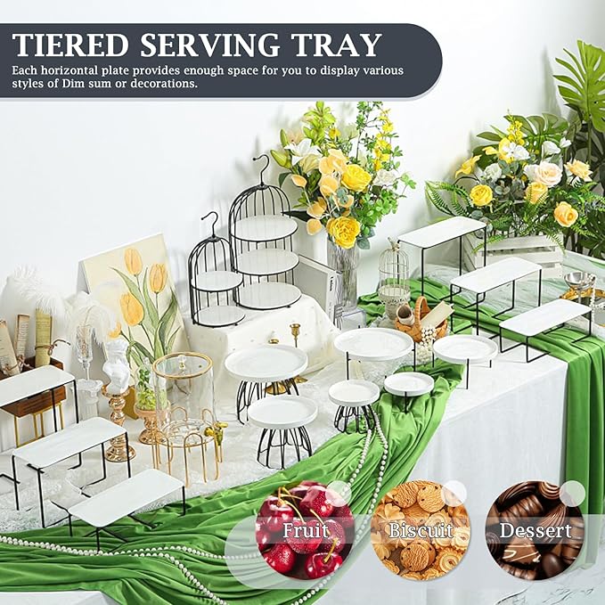 3 Tier Serving Tray, 12" x 4.5" White Plastic Tiered Food Serving Platters, Tiered Tray Stand for Party with Black Collapsible Metal Stand, Dessert Display Stands for , cupcake stands