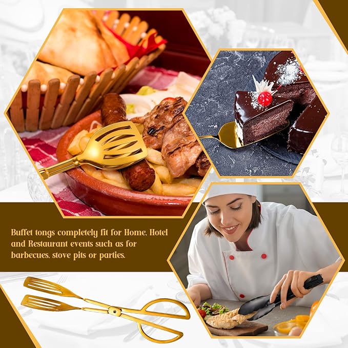 19 Pieces Serving Flatware Set Including Stainless Steel Spatulas, Forks, Spoons, Perforated, Soup, Skimmers Spoon, Buffet Tongs, Heavy Duty Serving Tongs for Home(Gold)