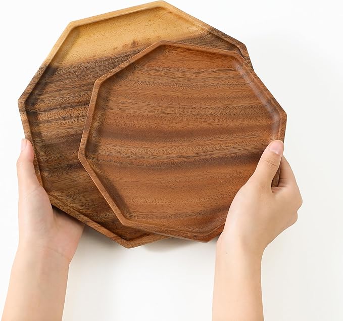 Premium Walnut Wood Octagon Serving Tray 8"-100% Natural Wooden Serving Tray for Coffee Table-Great Ottoman Tray Home Decor Platter-Perfect for Serving Drinks & Food