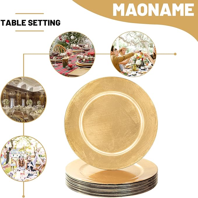 MAONAME Foil Gold Charger Plates Set of 12, 13" Plate Chargers for Dinner Plate, Plastic Round Chargers for Table Setting, Wedding Bulk