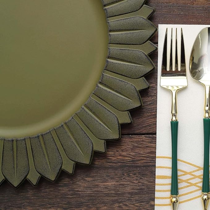 13" Charger Plates - Set of 12 - Matte Olive Green Sunflower Plastic Chargers, Disposable Round Acrylic Serving Trays For Dinner Wedding Party Events