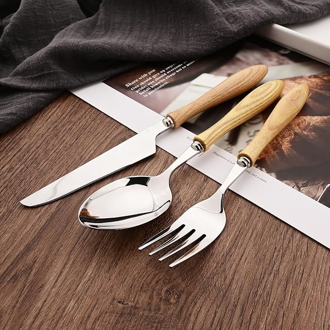 304 Stainless Steel Flatware Silverware Set with Wooden Handles, Rustic Tableware Cutlery Set for 6, Natural Wood Grain Knives Forks Spoons Set, (24 PCS, White Ash Wood Handle)