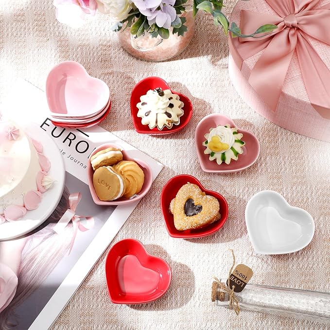6 Pieces Heart Shaped Bowls Ceramic Dip Bowl Plates Multipurpose Salad Bowls Appetizer Plates Cooking Gifts for Candy Sauce Sushi Dipping Serving Wedding Anniversary Valentine's Day (Pink)