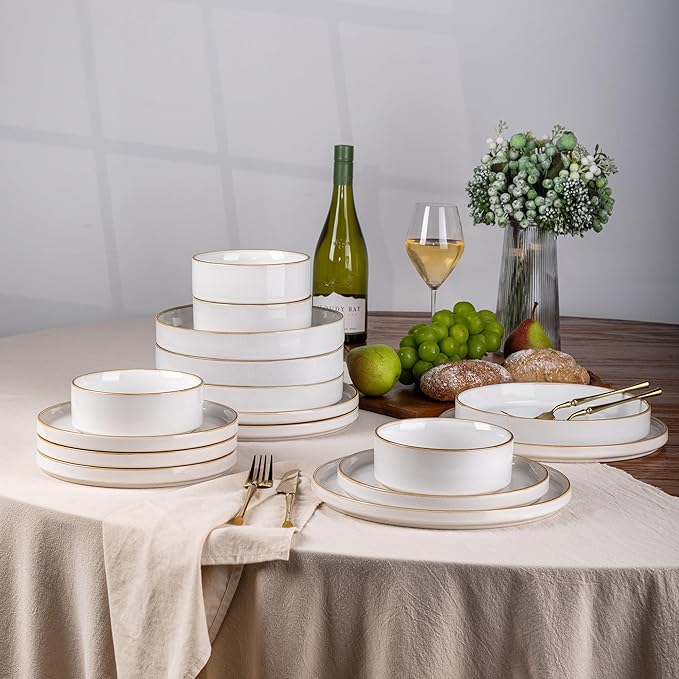 GBHOME Ceramic Dinnerware Sets for 4, 12 Pieces Stoneware Plates and Bowls Sets, Reactive Glaze Dishes -Scratch Resistant, Dishwasher&Microwave Safe-Pearl White