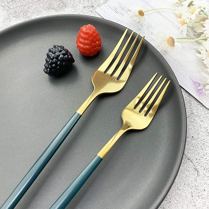 JASHII 18/10 Silver Silverware Set Stainless Steel Flatware Utensils Set Gold Cutlery Set| 24-Piece Modern Cubiertos Dorados| BEST Birthday Wedding Gift (4 sets, Green Handle Gold Mirror Polish)