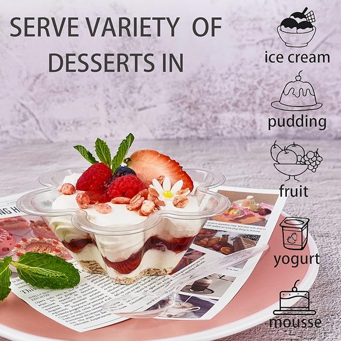 100ct 8oz Clear Plastic Dessert Cups with Spoons, Disposable Flower Shaped Ice Cream Bowls, Party Sundae Serving Bowls for Ice Cream, Nuts and Salad, Trifle Tasters Containers