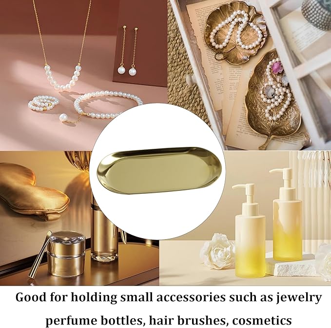 2Pcs 7x3.3inch Stainless Steel Decorative Trays, Oval Jewelry Dish Cosmetics Organizer, Gold Serving Platter for Bathroom Vanity Dresser Storage