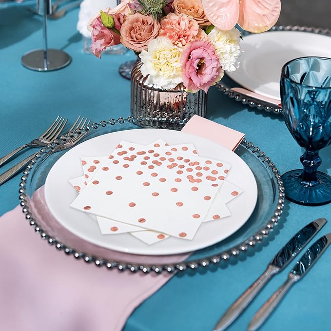80 Pack of White Paper Cocktail Napkins with Gold Foil Polka Dot Confetti,Polka Dot Party Supplies(5 x 5 in,3-ply) (Rose Gold)