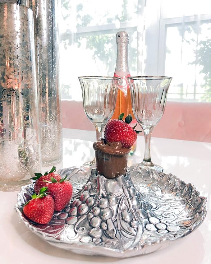 Arthur Court Aluminum Metal Grape Pattern Tidbit Cheese Hors d'oeuvres Tray with Glass for Toothpick - Entertaining Small Platter 10 inch Diameter x 2.25 inch Tall