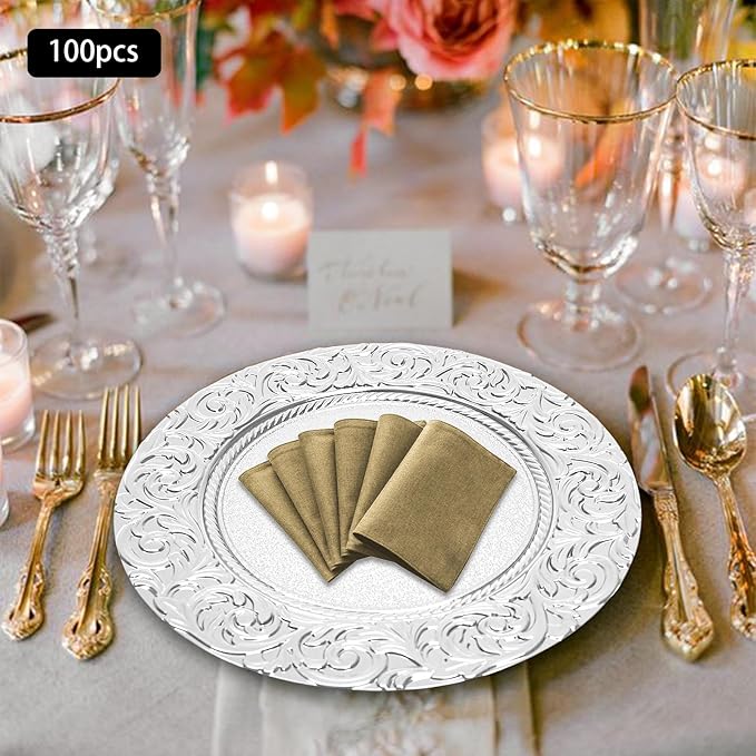 Sliver Plastic Charger Plates Set of 100,13” Reusable Party Chargers for Dinner Plates, Elegant Round Service Plate Chargers Bulk Decorative for Wedding, Catering Table Decor