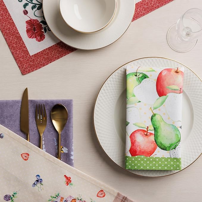 Maison d' Hermine Cloth Napkins Set of 4 100% Cotton Soft & Durable Everyday Reusable Square Napkins Cloth Washable, Dinner, Cocktail Party, Wedding, Restaurant (Apple's & Pears, 18" x 18")