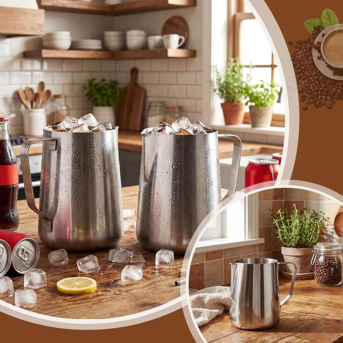 2 Pack Stainless Pitcher, 67 oz Milk Frothing Jug with Handle and Pour Lip, Heavy Duty Metal Pitcher for Iced Tea Hot Cold Water, 2000ml (8 Cup)