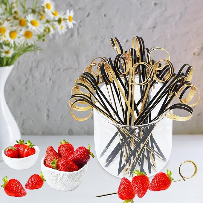 100pcs 4.7 IN Bamboo Cocktail Picks with Ring Knot,Black,for Cocktail Party, Barbeque, Club Sandwiches