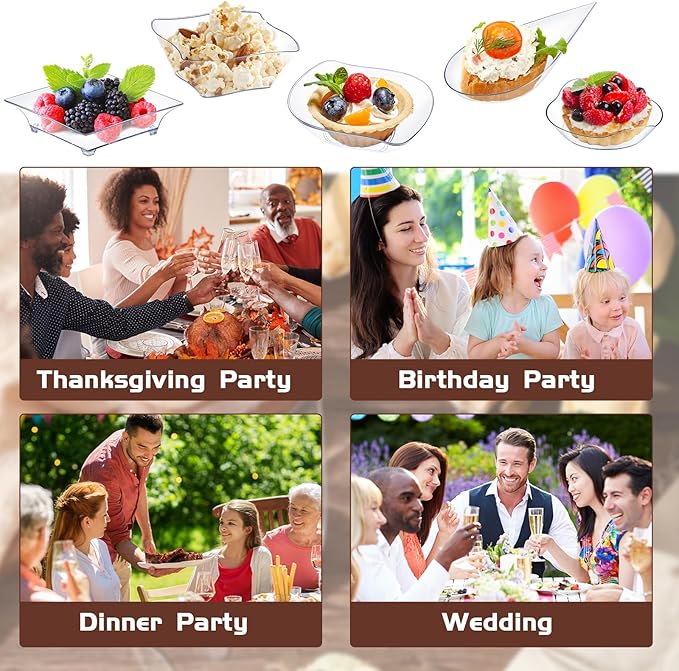 Tessco for you 100 Pcs Mini Appetizer Plates Set, Disposable Dessert Plates Assorted Shape Mini Plastic Spoons for Wedding Party Birthday (Clear)