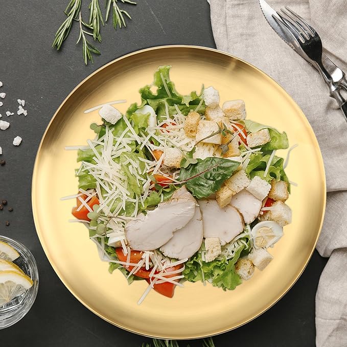 MOUYAT 4 PCS 12 Inch Large Stainless Steel Plate, 30cm Round Dinner Metal Plates, Metal Salad Steak Plates Reusable Dinner Dish for Eating Serving Camping Outdoor BBQ Home Kitchen, Frosted Gold