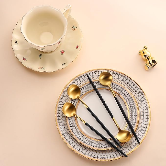 4 PCs 6.7 Inches Brush Gold Stainless Steel 304 Iced Tea Spoons With Black Handle,Long Handle Coffee Stirring Spoon,SS18/10 Matte Gold Black Handle Teaspoons