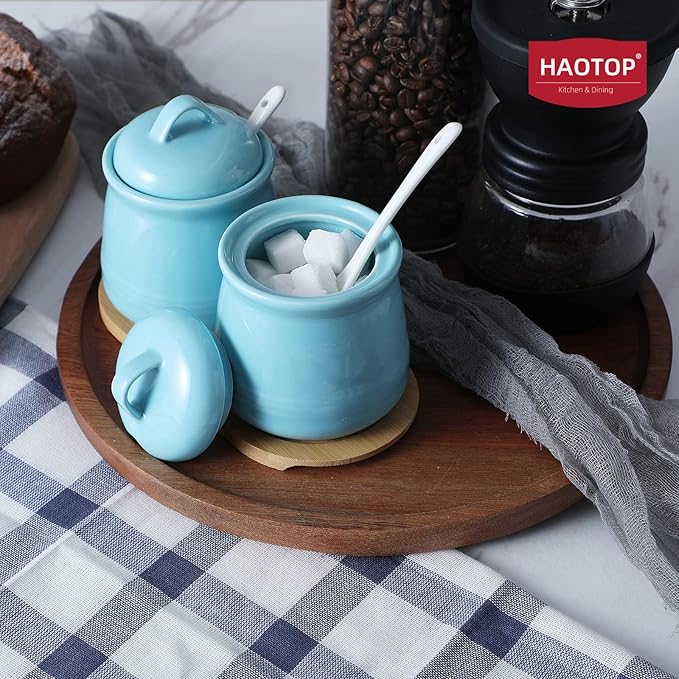 HAOTOP Ceramic Sugar Bowl 2 Pack, PorcelainJar with Tray, Spoon and Lid for Sugar, Pepper, Coffee, Spice, Salt, 12 Ounces (Blue)
