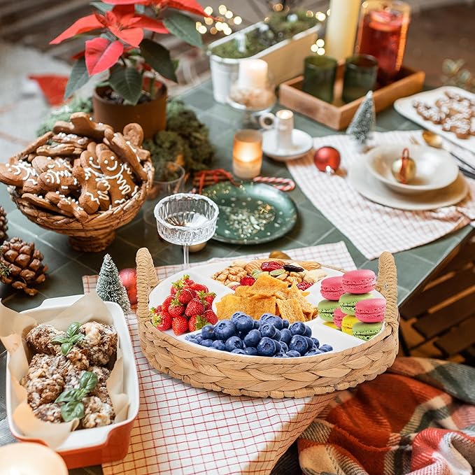 GENMOUS Chips and Dip Serving Tray, 13" Divided Serving Trays for Dips Candy, Water Hyacinth with 5 Sectional Melamine Appetizer Relish Trays for Parties