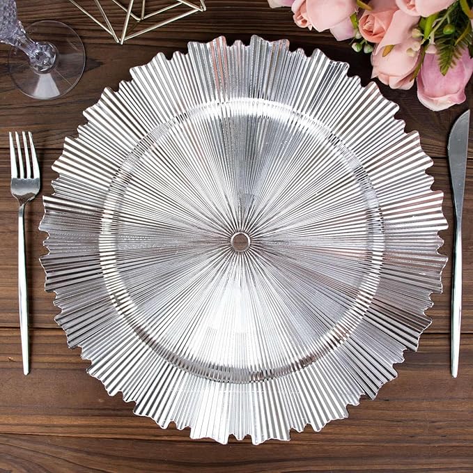 13" Charger Plates - Set of 24 - Metallic Silver with Sunray Scalloped Rim Plastic Chargers, Disposable Round Acrylic Serving Trays For Dinner Wedding Party Events
