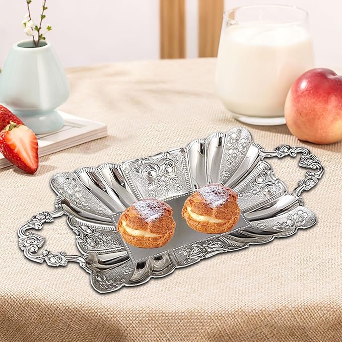 Metal Serving Tray with Handles 11.02x5.51x2.05inch European Style Mirror Fruit Plate for Candy Cupcake Dessert Bar Countertop Table Centerpiece Decor- Silver