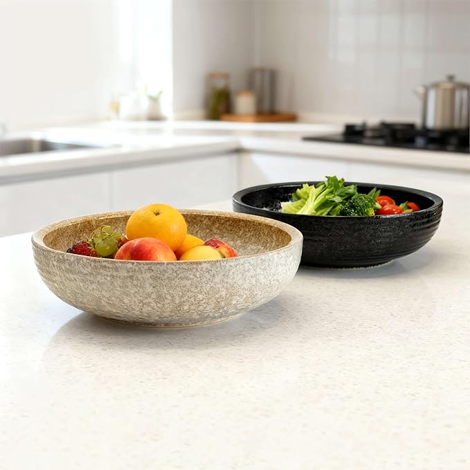 11.5-Inch Large Ceramic Salad Bowl Set – Speckled Stoneware with Stainless Steel Servers, Handcrafted Texture, Dishwasher Safe (Speckled Beige)