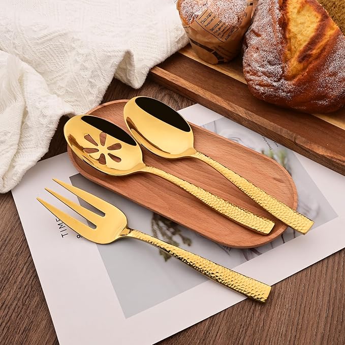 Serving Utensils Set, 5-Piece 18/8 Stainless Steel Hostess Serving Set, Elegant Hammered Serving Utensils for Home Restaurant and Buffet Catering, Heavy and Mirror Polished, Gold
