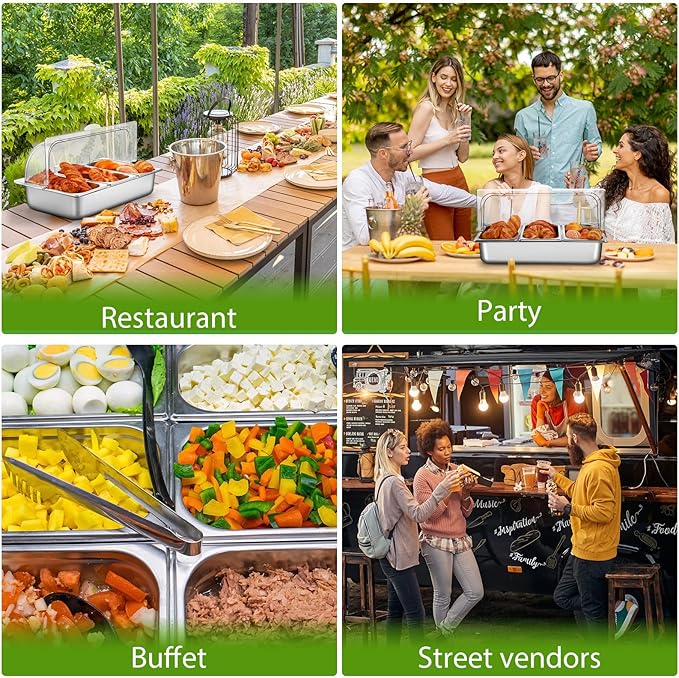 3 Pan Countertop Food Serving Display Container Stainless Steel Pizza Topping Station Display Rack Condiment Dispenser with Clear Roll Top Cover for Buffet Restaurant Hotel Kitchen Party
