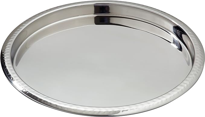 Elegance Stainless Steel Hammered Rim Bar Tray, 14" Diameter, Silver (72554)
