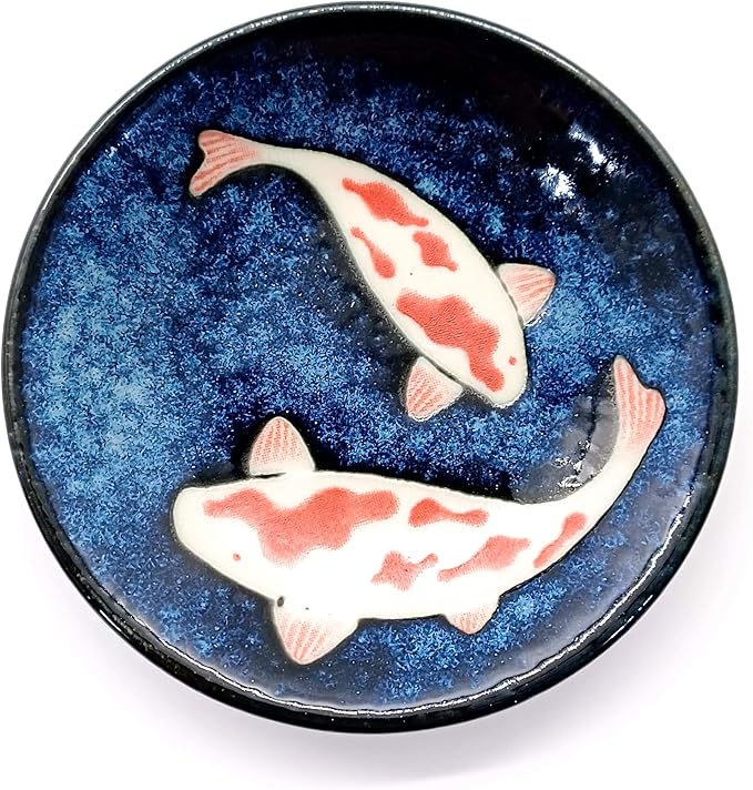 Made in Japan Koi Fish Ceramic Dinnerware Set – 6-Piece Blue & Red Plates and Bowls | Hand-Painted Carp Motif | Dishwasher Safe | Japanese Tableware Gift Set