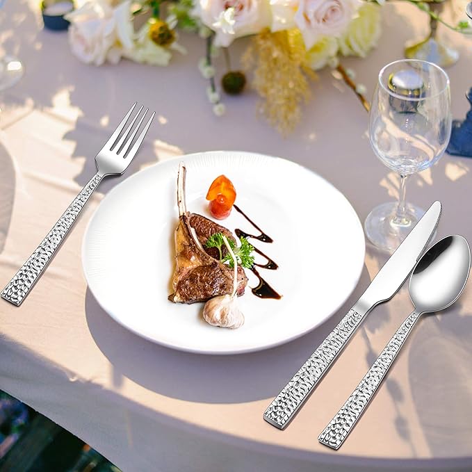 72-Piece Hammered Silverware Set with Extra Forks, LIANYU Stainless Steel Flatware Cutlery Set for 12, Fancy Square Eating Utensils Tableware, Dishwasher Safe