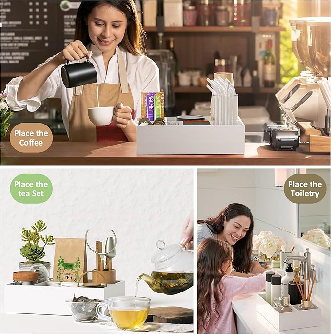 White Coffee Station Accessories Organizer, Countertop Acrylic Coffee Bar Tray for Tea Bags, Condiments, Cups, Jars