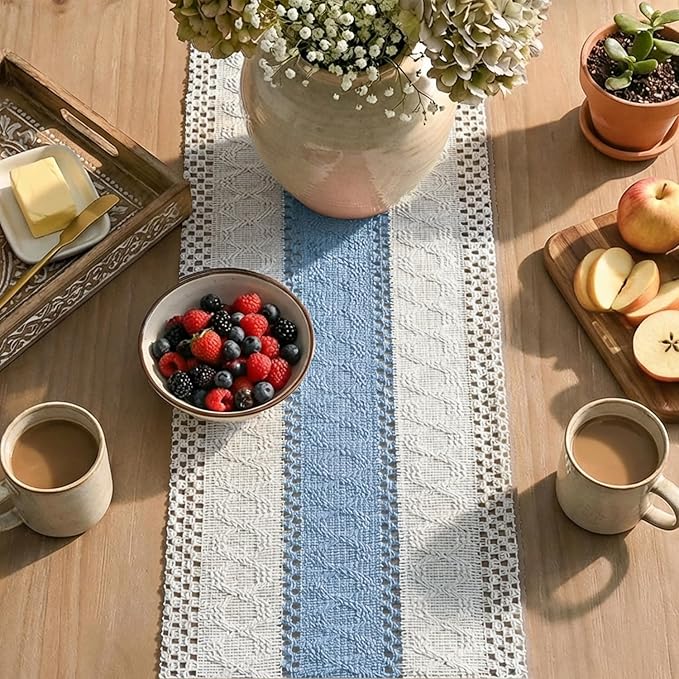 Artoid Mode Sky Blue Farmhouse Rustic Table Runner, Seasonal Holiday Hollow Kitchen Dining Table Decoration for Home Party Decor 12x60 Inch