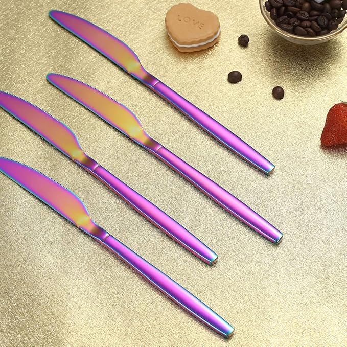 Rainbow Dinner Knives 4 Pieces, Homquen Sturdy 9" Stainless Steel Modern Design Knife, Colorful Titanium Plating Knifes Set With Round Edge Dishwasher Safe
