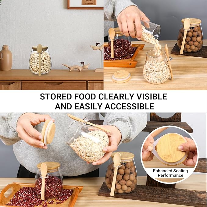Glass Storage jars with Bamboo Lids and Spoon -16 oz Airtight Storage Containers Glass jar,Wide Mouth,Leak-Proof,Comes Suitable for Coffee Beans, Tea Leaves,Grains, Dried Fruits (Small4PCS)