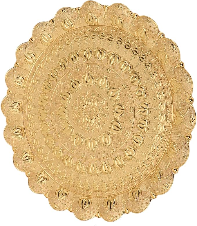 Vintage Tea Coffee Serving Tray Round Metal Beverage Tray with Embossed Pattern for Coffee Tea Desserts Jewelry Gifts 13.8in (Gold)
