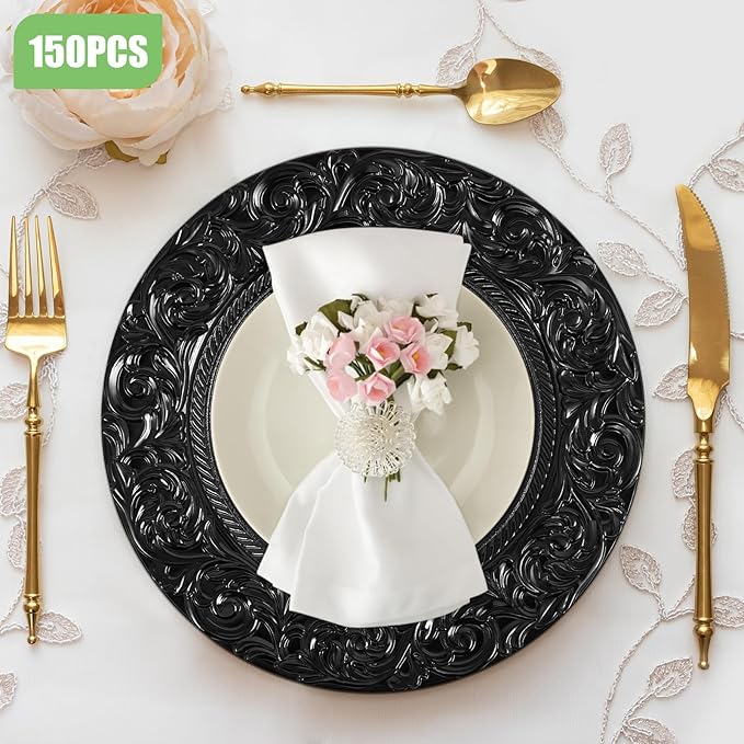 Black Plastic Charger Plates Set of 150, 13” Reusable Party Chargers for Dinner Plates, Elegant Round Service Plate Chargers Bulk Decorative for Wedding, Catering Table Decor