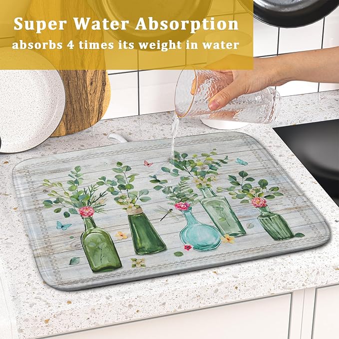 Fern Leaf Vase Dish Drying Mat 16x18 Inch Eucalyptus Leaves Microfiber Absorbent Dish Drainer Mat Reversible Drying Pad for Kitchen Counter Sink