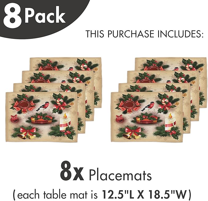 Ambesonne Christmas Place Mats Set of 8, Vintage Style Classical Candle Bell Mistletoe Ribbon Bird Art Print, Washable Fabric Placemats for Dining Table, Placemat 8 pcs, Emerald Cream